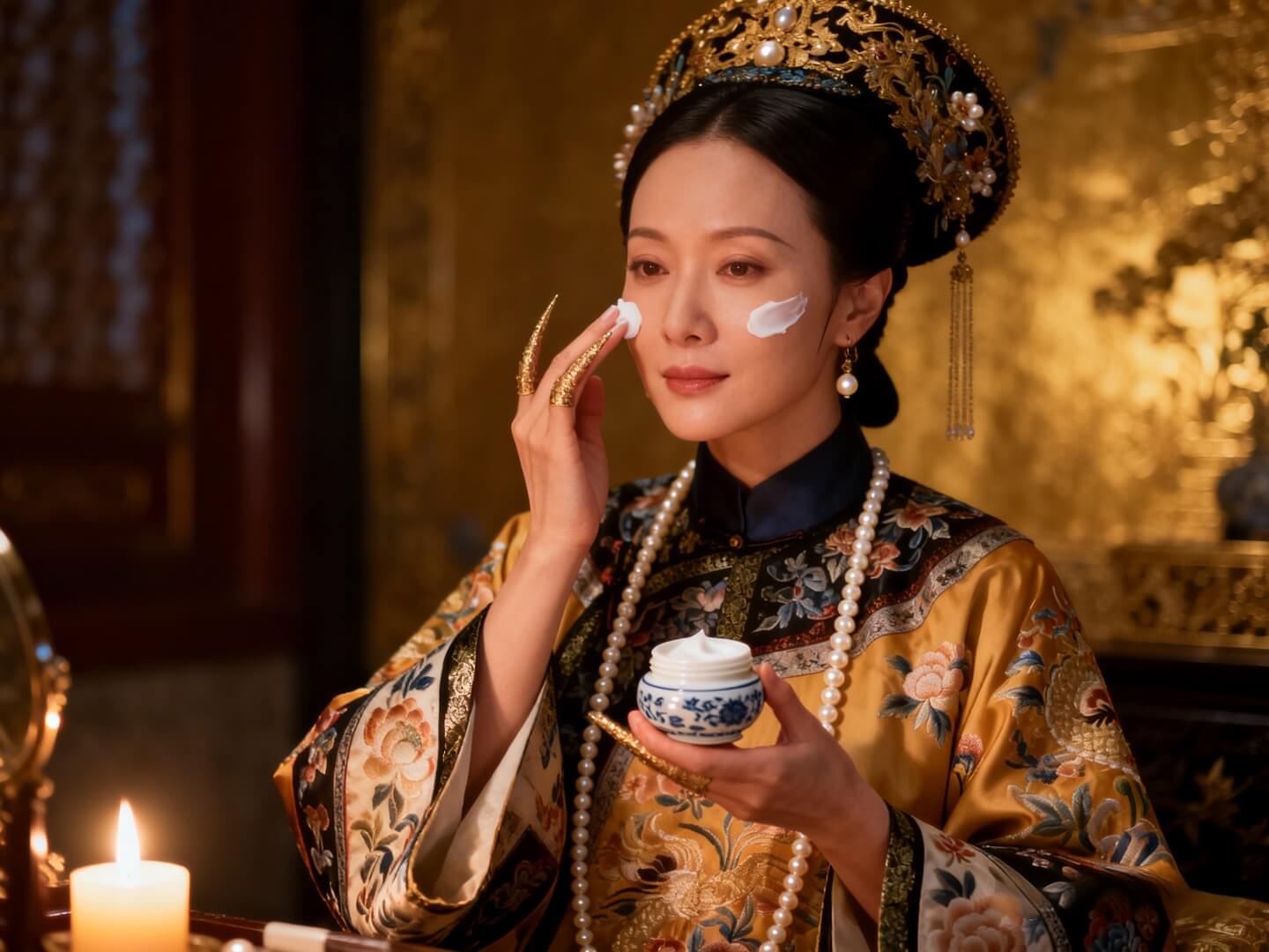 Empress Dowager Cixi in traditional Qing Dynasty imperial attire, showcasing her legendary porcelain skin and timeless beauty secrets