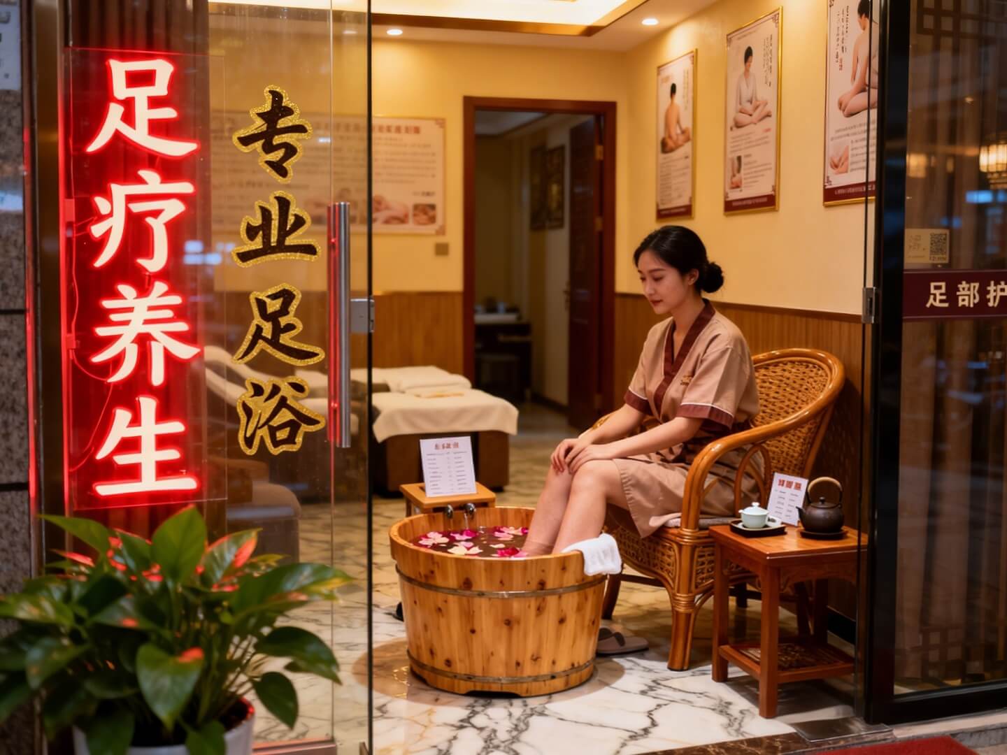 A person’s feet soaking in warm, ginger-infused water in a simple plastic basin, with steam rising and cozy socks nearby, representing the Chinese wellness practice of ginger foot soaks for better sleep and stress relief.